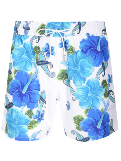 Shop Etro Allover Floral Print Drawstring Swim Shorts In Multi
