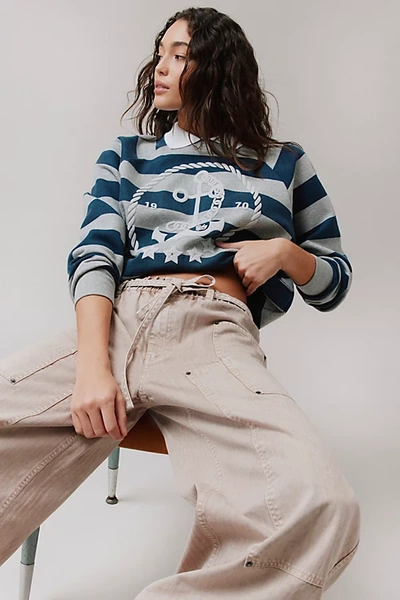 Shop Bdg Hayes Anchor Striped Collared Pullover Sweatshirt In Blue, Women's At Urban Outfitters