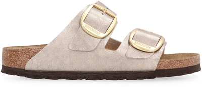 Shop Birkenstock Arizona Big Buckle Leather Slides With Buckle In Taupe