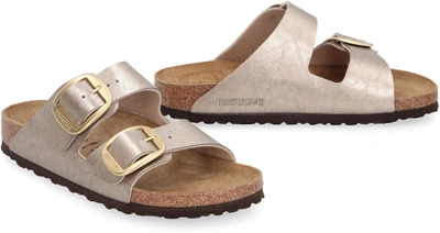 Shop Birkenstock Arizona Big Buckle Leather Slides With Buckle In Taupe