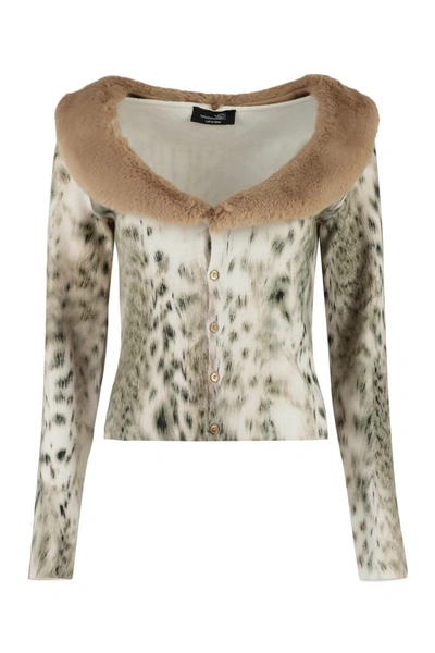 Shop Blumarine Faux Fur Collar Cardigan In Animalier