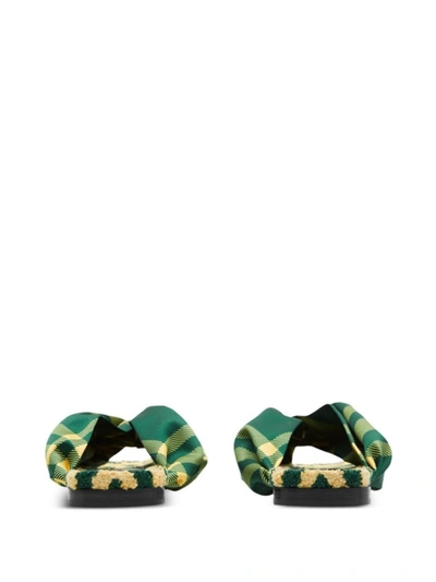 Burberry Check Pattern Thong Strap Open Toe Branded Footbed Flat In Green