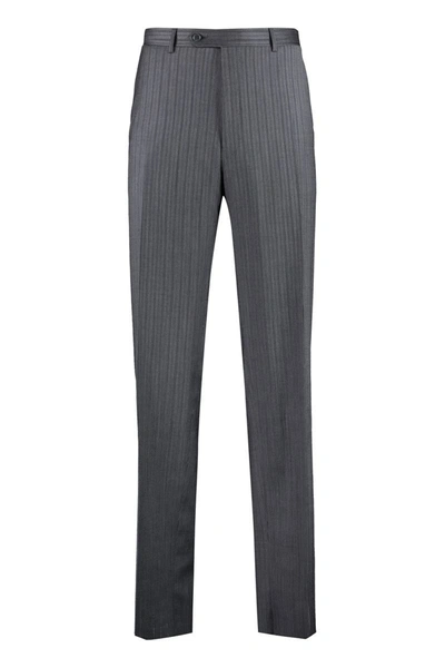 Shop Canali Pin-striped Wool Tailored Trousers In Grey