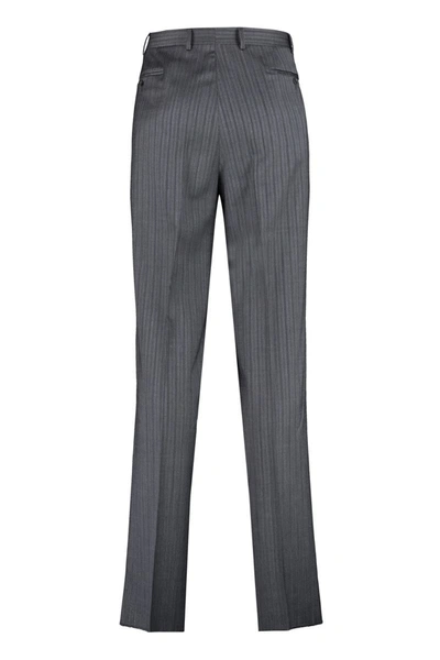 Shop Canali Pin-striped Wool Tailored Trousers In Grey