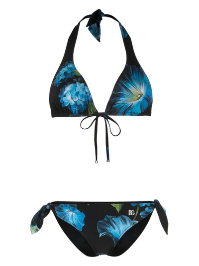 Shop Dolce & Gabbana Flower Print Bikini Set In Black