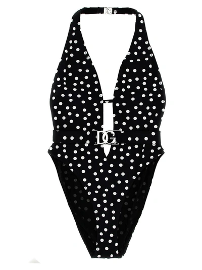 Shop Dolce & Gabbana Logo Polka Dot One-piece Swimsuit In White/black