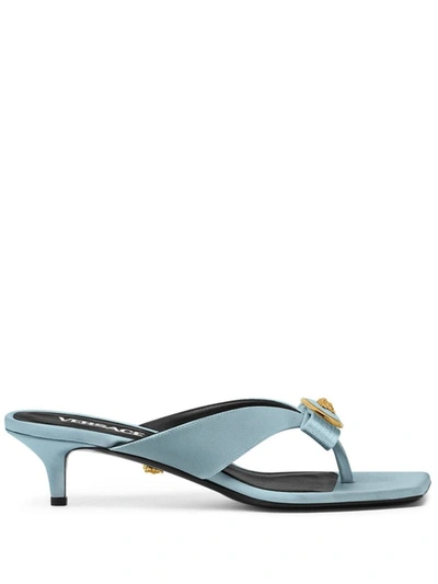 Shop Versace La Medusa Satin Sandals In Clear Blue