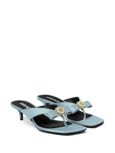 Shop Versace La Medusa Satin Sandals In Clear Blue