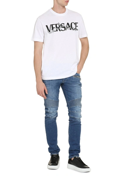 Shop Versace Logo Cotton T-shirt In White