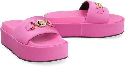 Shop Versace Logoed Satin Platform Slides In Pink