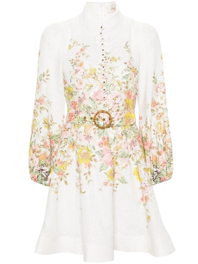 Shop Zimmermann Floral Print Linen Buttoned Mini Dress In White