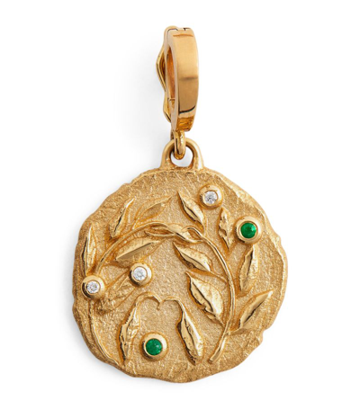 Shop Azlee Small Yellow Gold, Diamond And Emerald Olive Branch Coin Charm