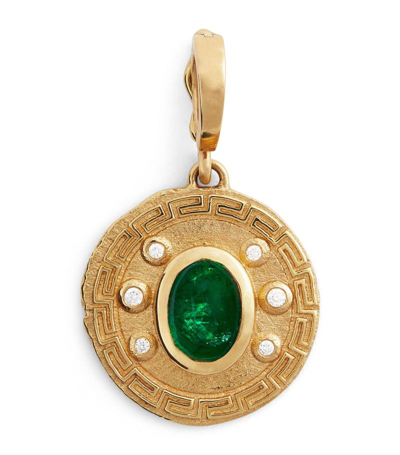 Shop Azlee Small Yellow Gold, Diamond And Emerald Greek Pattern Coin Charm