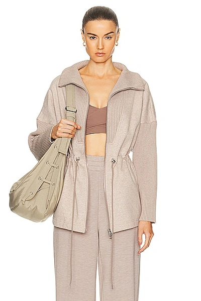 Shop Varley Cotswold Longline Zip Through Sweater In Taupe Marl