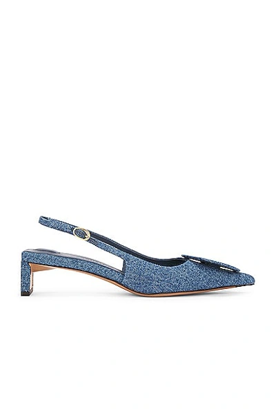Jacquemus Block Heel Denim Texture Pointed Toe Slingback In Blue