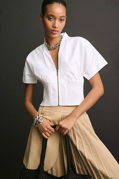Shop Maeve Short-sleeve Zip-front Blouse In White