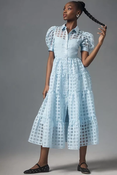 Shop English Factory Organza Short-sleeve Button-front Midi Dress In Blue