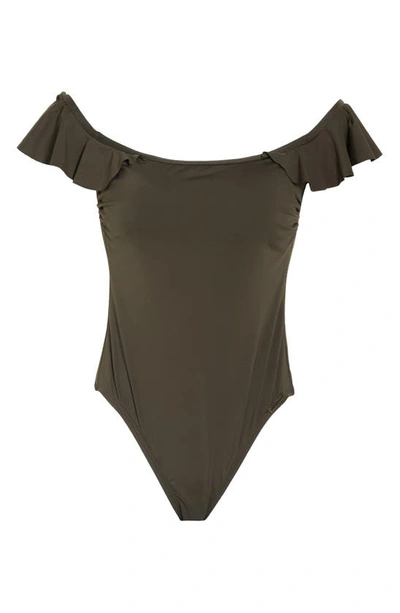Shop Vince Camuto Off The Shoulder Ruffle One-piece Swimsuit In Bonsai