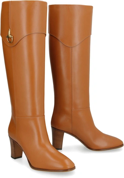 Shop Gucci Leather Knee-boots In Saddle Brown
