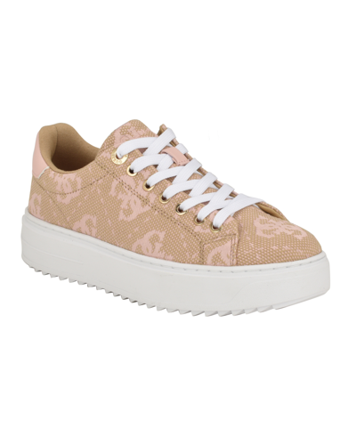 Shop Guess Women's Denesa Treaded Platform Lace-up Sneakers In Beige,pink Logo