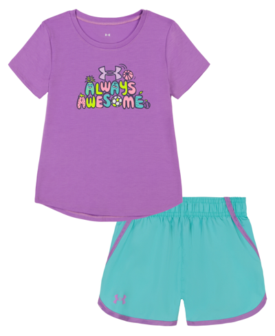 Shop Under Armour Little Girls Awesome Microfiber T-shirt And Shorts Set In Provence Purple