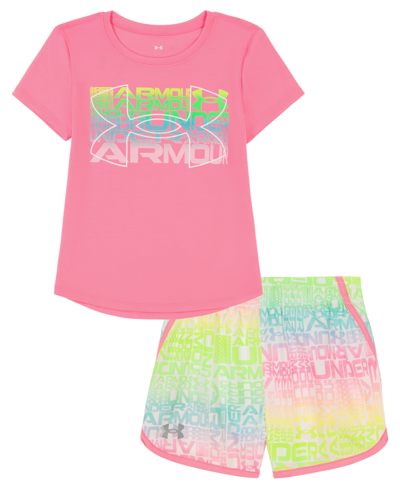Shop Under Armour Little Girls Wordmark Ombre T-shirt And Shorts Set In Fluo Pink