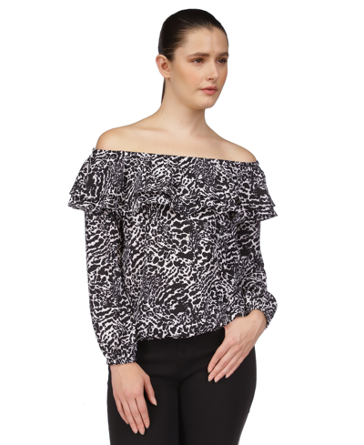 Shop Michael Kors Michael  Women's Animal-print Off-the-shoulder Top In White,black