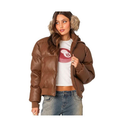 Shop Edikted Women's Wintry Faux Leather Hooded Puffer Jacket In Brown