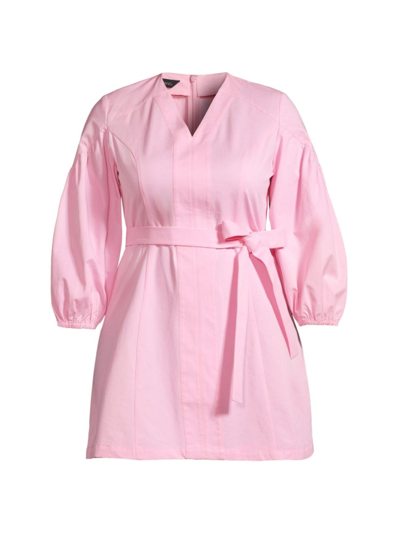 Shop Ming Wang, Plus Size Women's Plus Puff-sleeve Cotton Mini Sheath Dress In Perfect Pink
