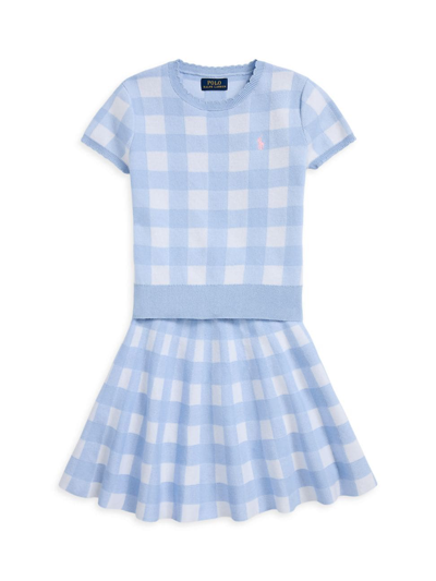 Shop Polo Ralph Lauren Little Girl's & Girl's Gingham Cotton 2-piece Top & Skirt Set In Blue Multi Carmel Pink