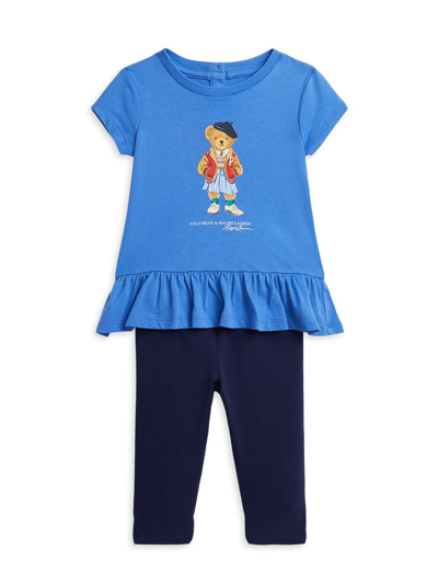 Shop Polo Ralph Lauren Baby Girl's Polo Bear Peplum T-shirt & Leggings Set In New England Blue Newport Navy