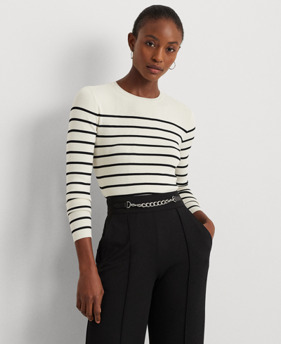 Shop Lauren Ralph Lauren Petite Striped Crewneck Sweater In Mascarpone Cream,black
