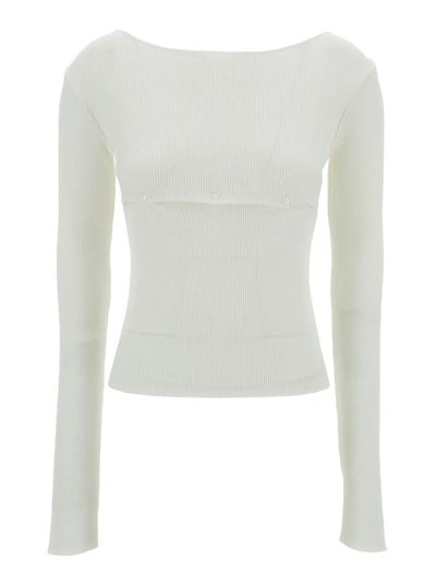 Low Classic White Ribbed Top With Boat Neckline And Buttons In Rayon Blend Woman In White