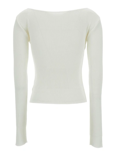 Low Classic White Ribbed Top With Boat Neckline And Buttons In Rayon Blend Woman In White