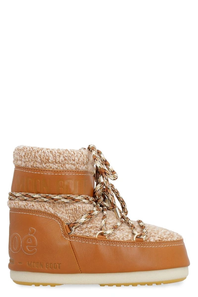 Shop Chloé X Moon Boot - Leather And Knit Moon Boots In Brown