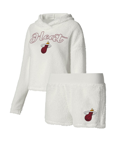 Shop College Concepts Women's  Cream Miami Heat Fluffy Long Sleeve Hoodie T-shirt Shorts Sleep Set