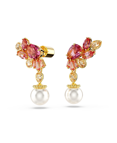 Swarovski Mixed Cuts, Crystal  Imitation Pearls, Flower, Pink, Gold-tone Gema Drop Earrings In Pink