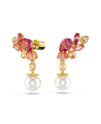 Swarovski Mixed Cuts, Crystal  Imitation Pearls, Flower, Pink, Gold-tone Gema Drop Earrings In Pink