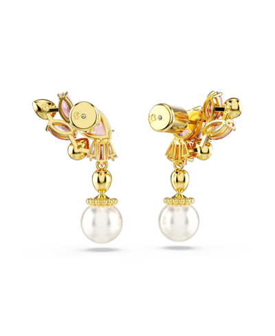 Swarovski Mixed Cuts, Crystal  Imitation Pearls, Flower, Pink, Gold-tone Gema Drop Earrings In Pink