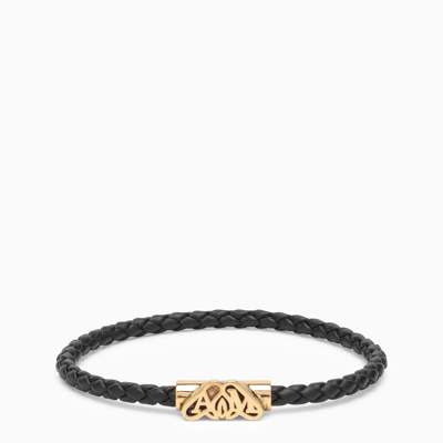 Shop Alexander Mcqueen Seal Black\/gold Leather Logo Bracelet
