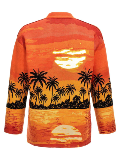 Shop Alanui Kerala Sunset Drop Shoulder Intarsia Knit Cardigan In Orange