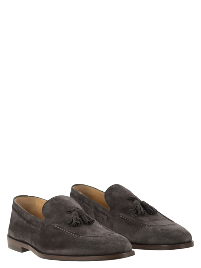 Shop Brunello Cucinelli Suede Moccasins With Tassels In Dark Grey