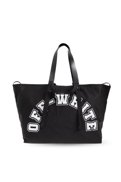 Shop Off-white Logo Printed Mesh Top Handle Bag In Black White