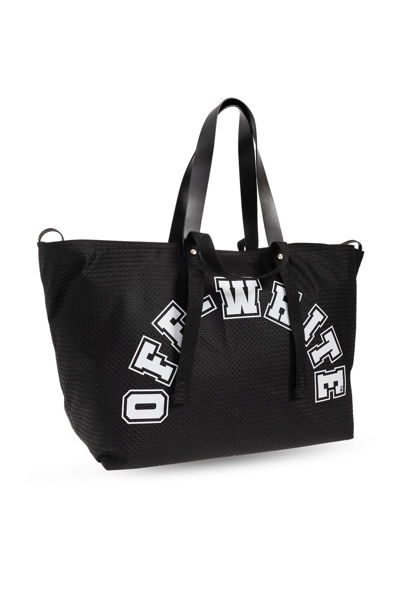 Shop Off-white Logo Printed Mesh Top Handle Bag In Black White