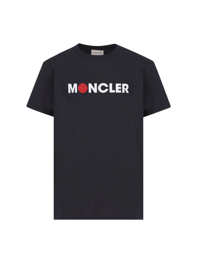 Shop Moncler Flocked Logo Crewneck T-shirt In Blue