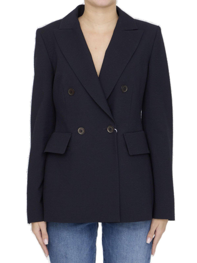 Shop Max Mara Albero Double-breasted Long-sleeved Jacket  In Blue
