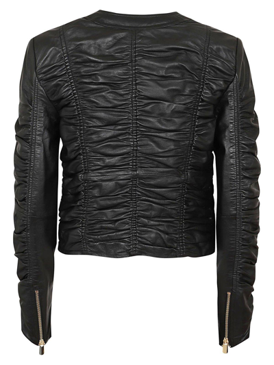 Shop Pinko Ruched Detail Leather Jacket In Nero