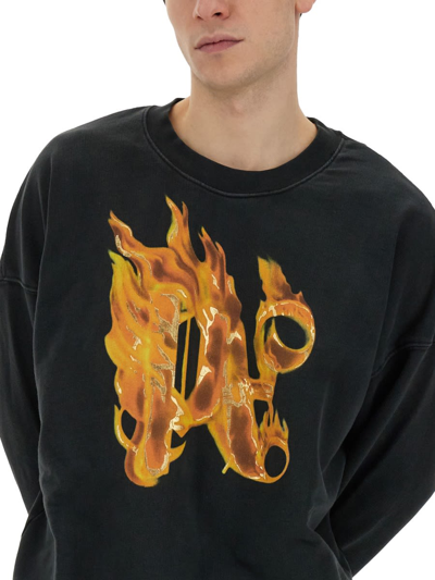 Shop Palm Angels Burning Monogram Print Sweatshirt In Black Gold