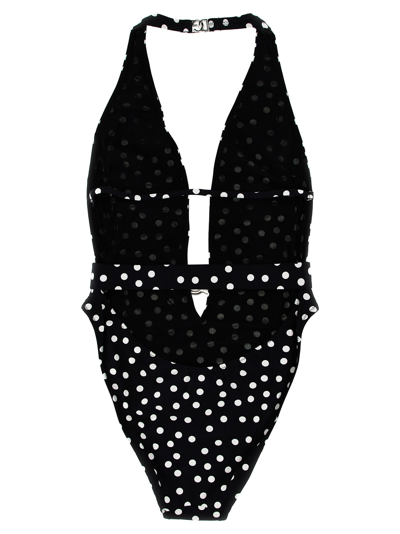 Shop Dolce & Gabbana Logo Polka Dot One-piece Swimsuit In White/black