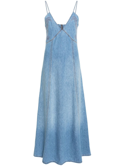 Shop Chloé Blue Embroidered Denim Maxi Dress
